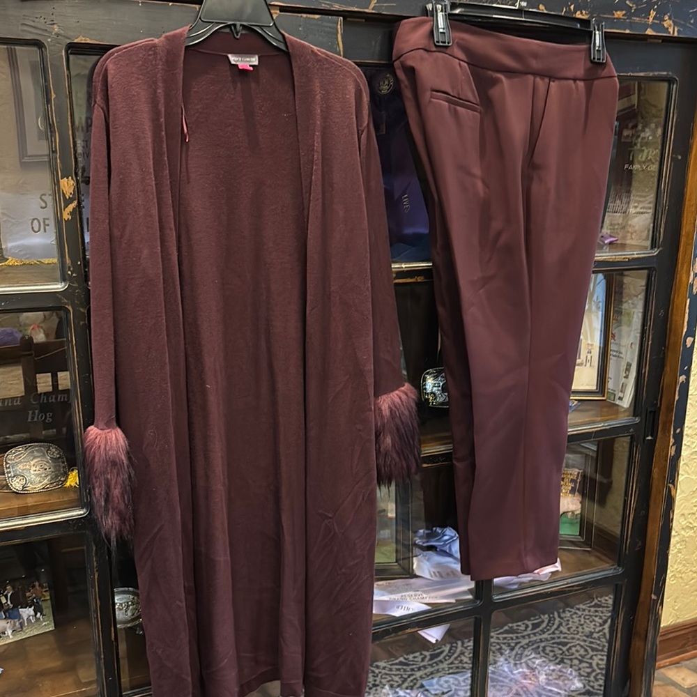 Burgundy Cardigan and Pants Set with Faux Fur Cuffs